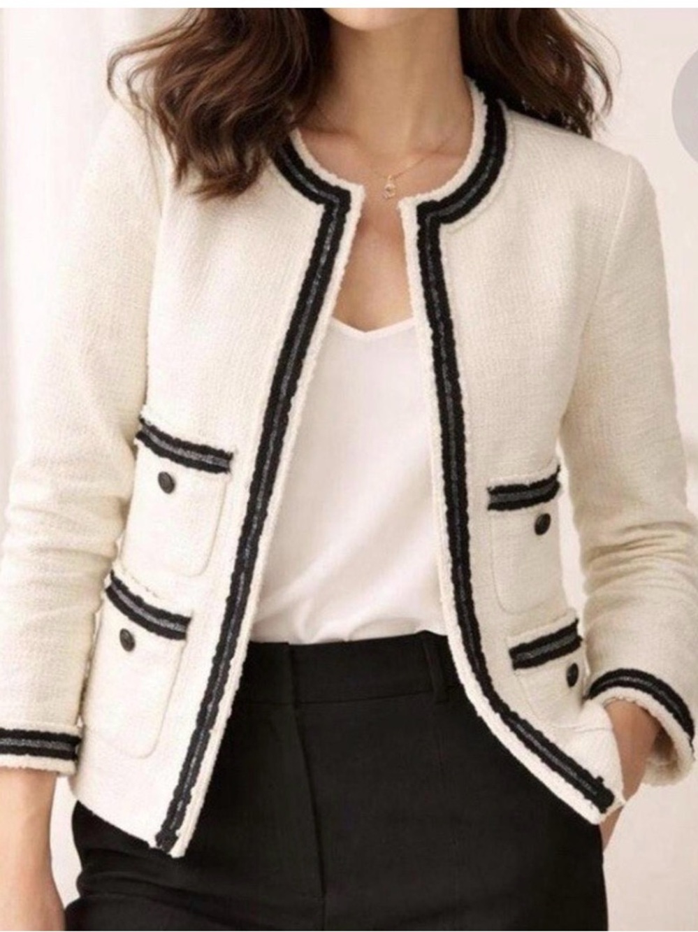NWT Talbots Cream Tweed Jacket with Black Trim